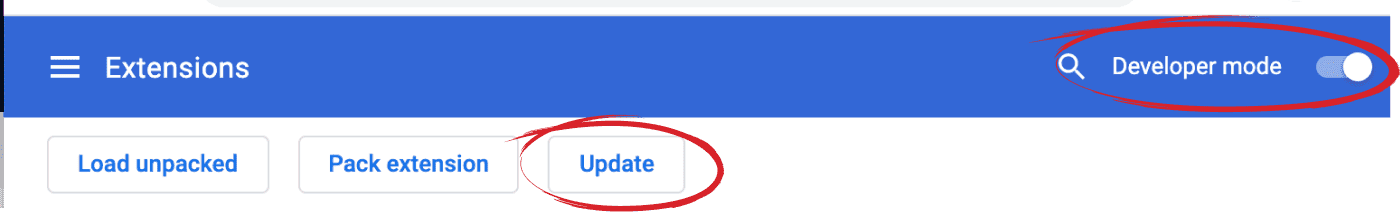 The chrome://extensions header with the circled Developer mode toggle switched on, revealing the circled Update button beside “Load unpacked” and “Pack extension”.